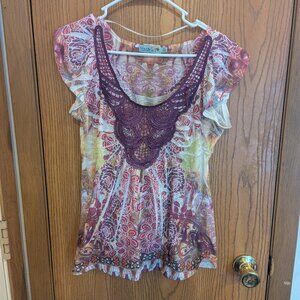 Unity World Wear Lace Floral Boho Cap Short Sleeve Top Purple-Petite L
